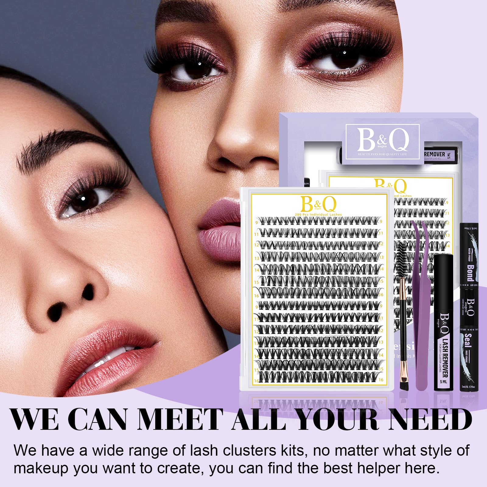 B&Qaugen Lash Clusters Kit 280PCS – DIY Eyelash Extensions (30D/40D, C Curl) with Bond & Seal