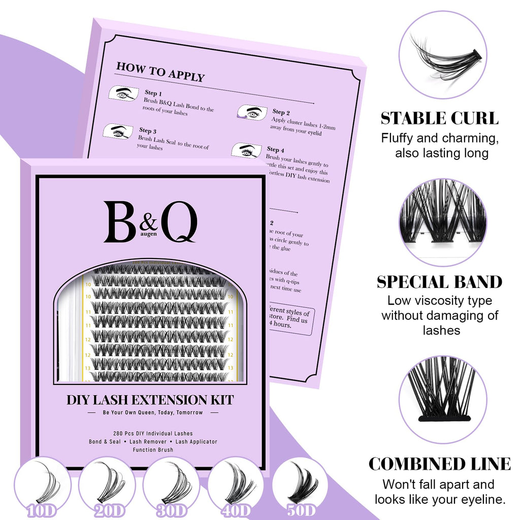 B&Qaugen Lash Clusters Kit 280PCS – DIY 40D-C Lashes with Bond and Seal