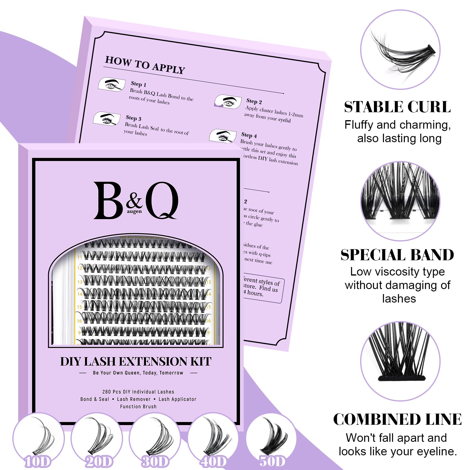 B&Qaugen Lash Clusters Kit 280PCS – DIY Eyelash Extensions (30D/40D, C Curl) with Bond & Seal