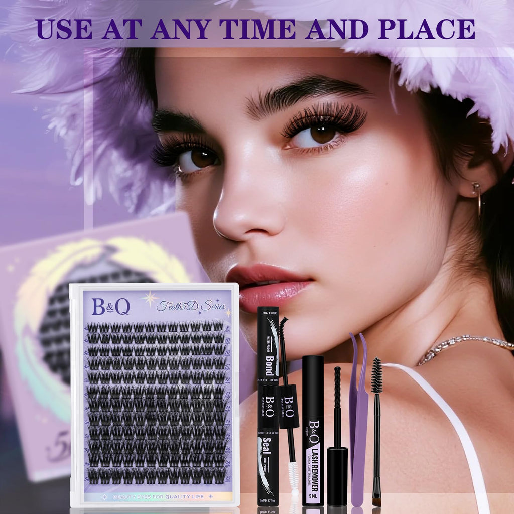 B&Qaugen Lash Clusters Kit Wispy Fluffy Feath5D – 8-18mm C Curl, Waterproof, Glue & Tools