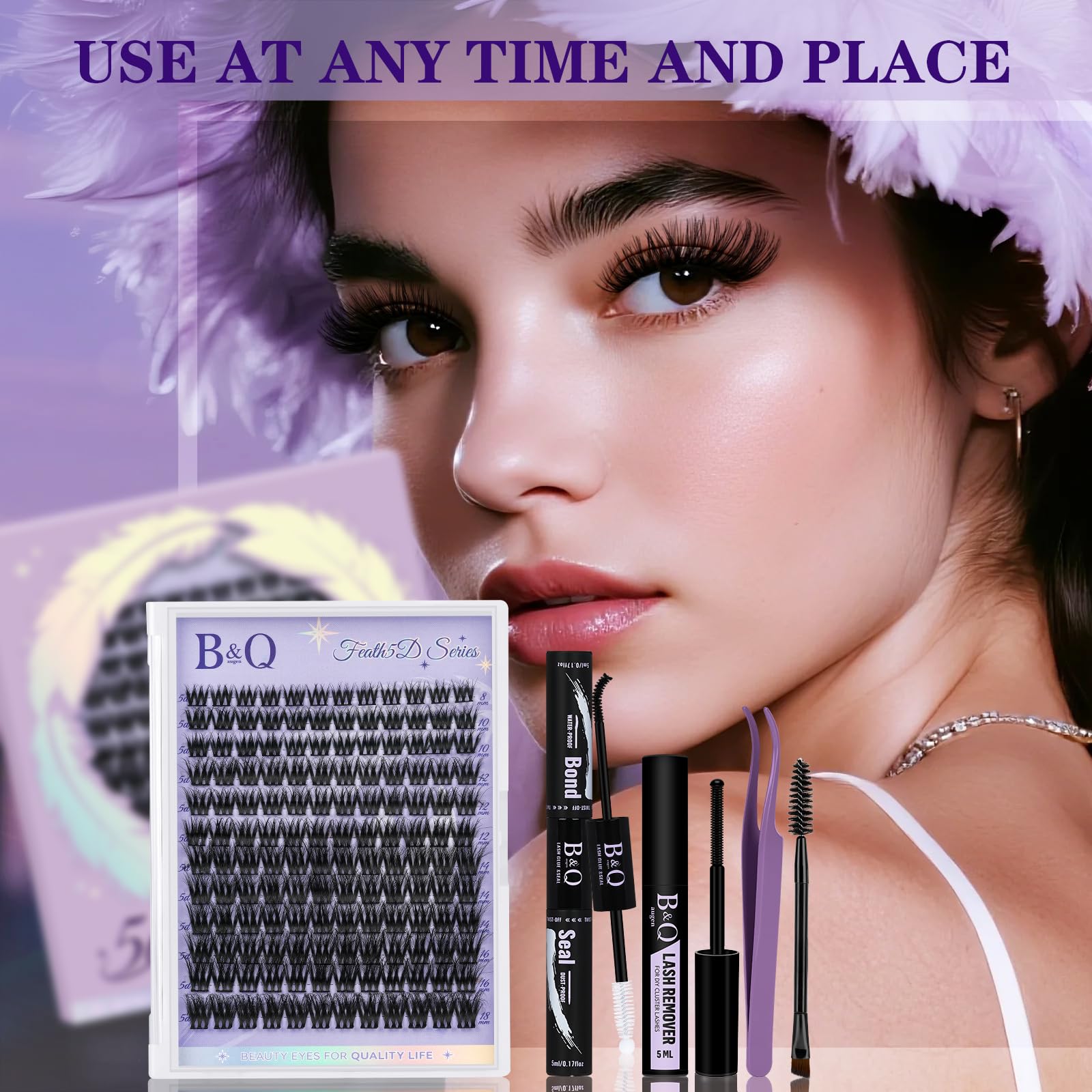 B&Qaugen Lash Clusters Kit Wispy Fluffy Feath5D – 8-18mm C Curl, Waterproof, Glue & Tools