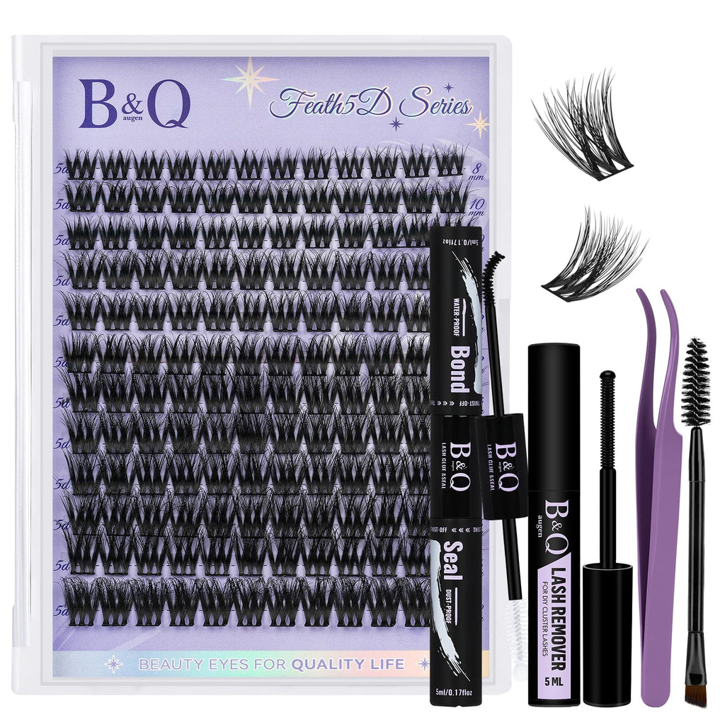 B&Qaugen Lash Clusters Kit Wispy Fluffy Feath5D – 8-18mm C Curl, Waterproof, Glue & Tools