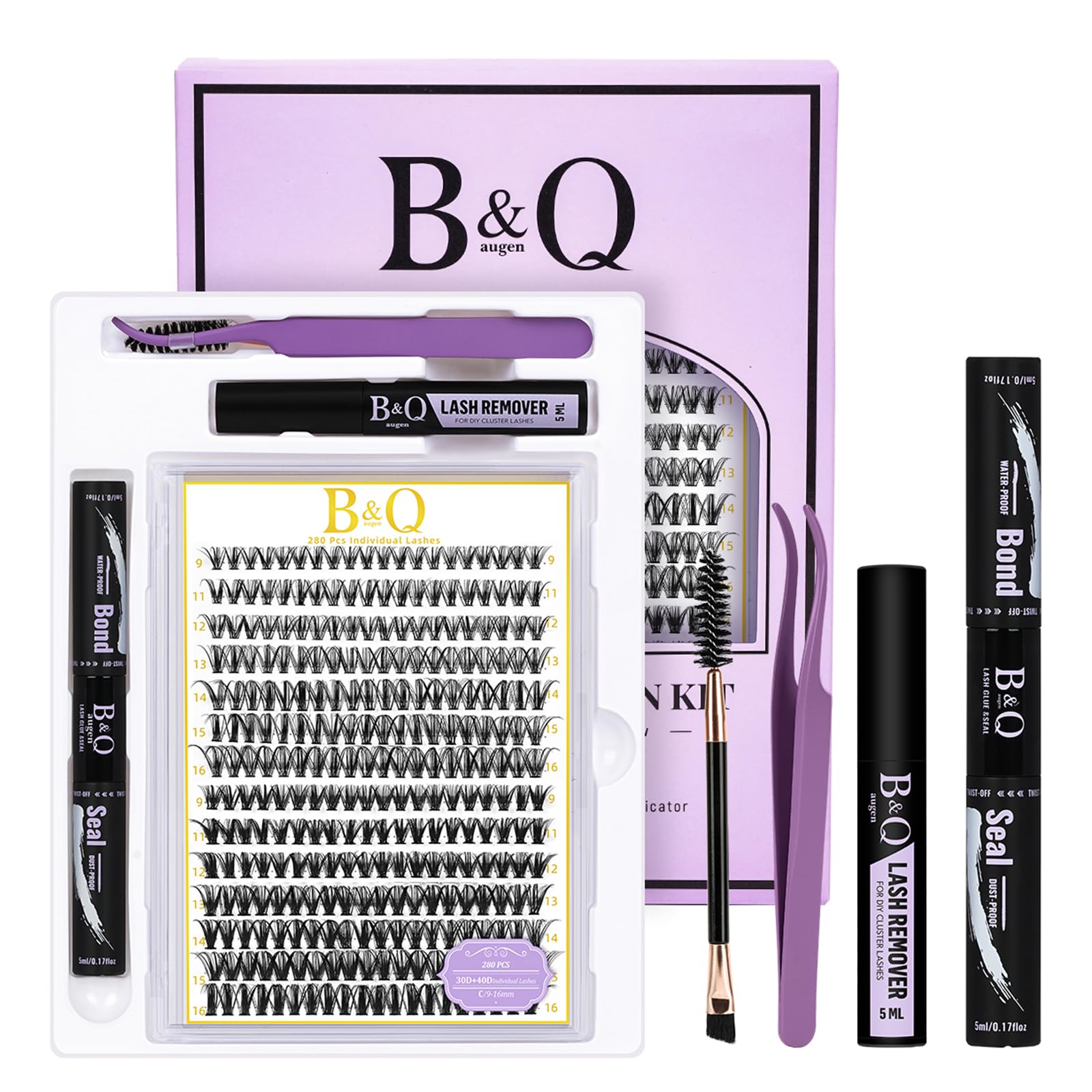 B&Qaugen Lash Clusters Kit 280PCS – DIY Eyelash Extensions (30D/40D, C Curl) with Bond & Seal