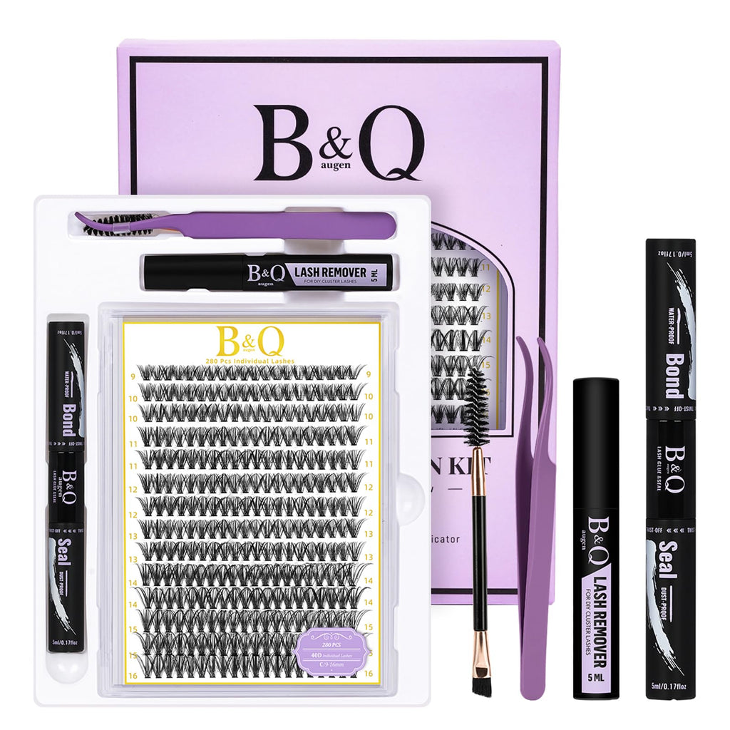B&Qaugen Lash Clusters Kit 280PCS – DIY 40D-C Lashes with Bond and Seal