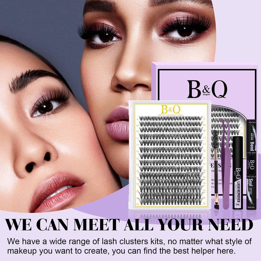 B&Qaugen Lash Clusters Kit 280PCS – DIY 40D-C Lashes with Bond and Seal