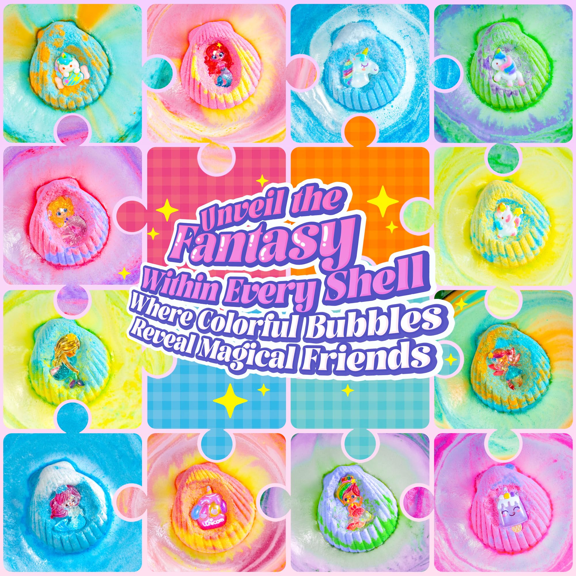 BreezeDream Shell Bath Bombs for Girls – 12-Pack Mermaid & Unicorn Gift Set with 20 Surprises
