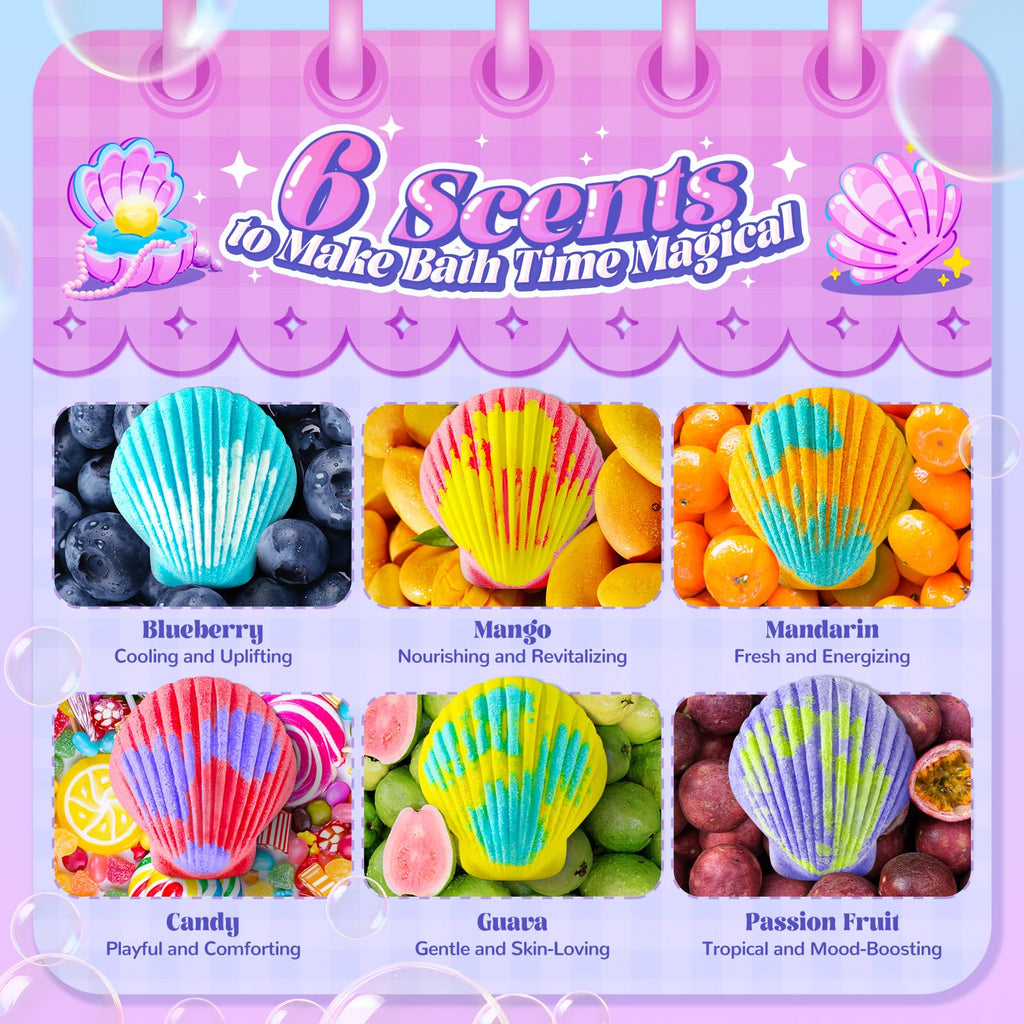 BreezeDream Shell Bath Bombs for Girls – 12-Pack Mermaid & Unicorn Gift Set with 20 Surprises