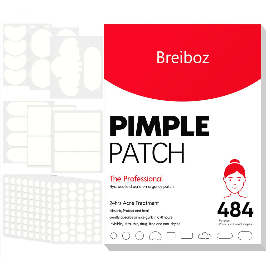 Breiboz Large Pimple Patches – 484 XL Hydrocolloid Patches for Face & Body with Tea Tree, Salicylic Acid & Cica Oil