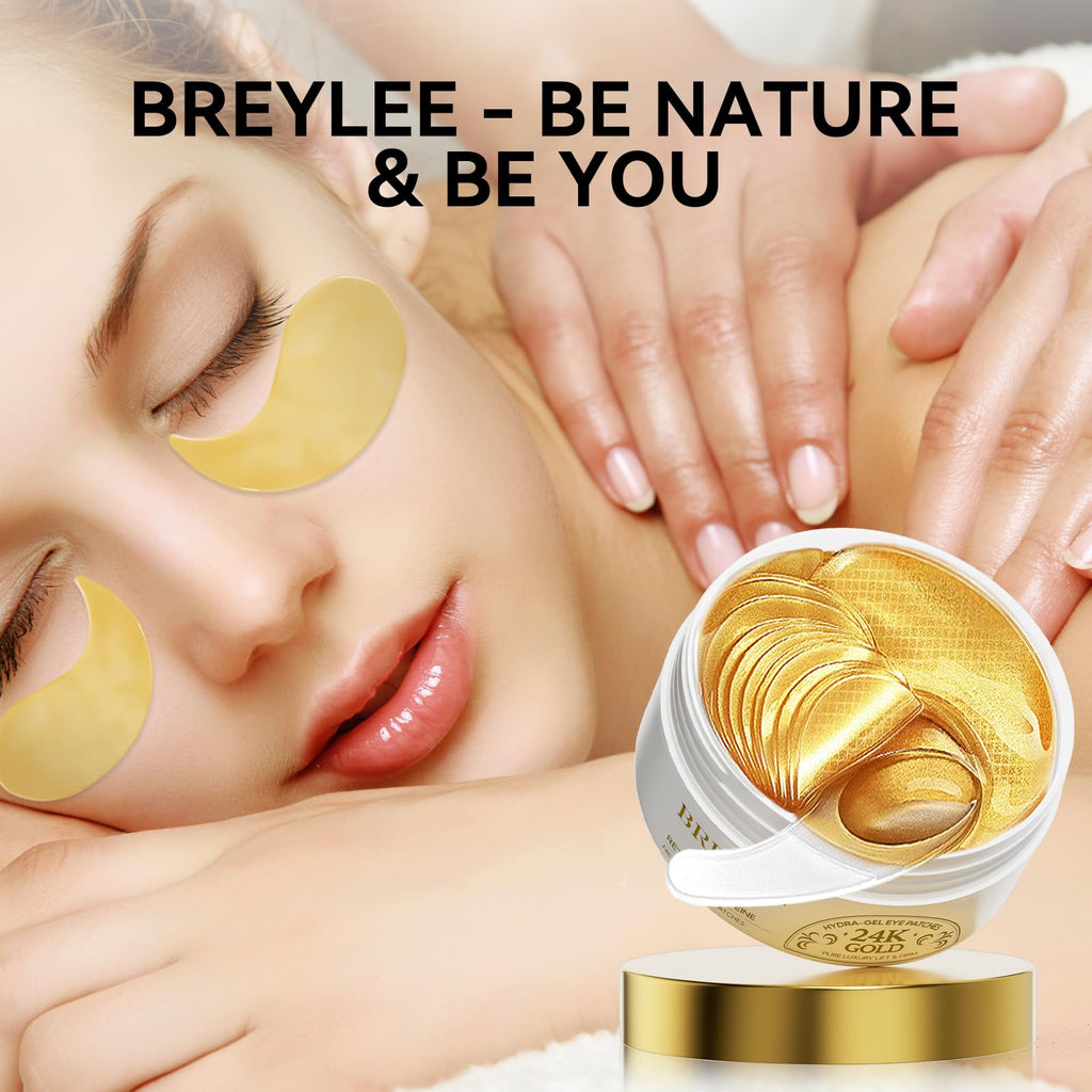 BREYLEE 24K Gold Eye Masks – 60 Pcs with Retinol & Caffeine for Puffiness, Dark Circles, Fine Lines