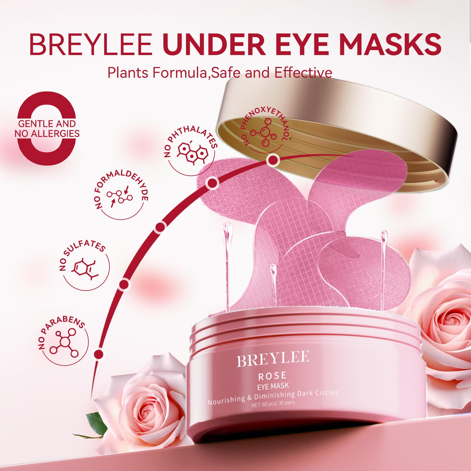 BREYLEE Rose Eye Patch – Hydrating Under Eye Patches (60 Pcs) for Puffy Eyes