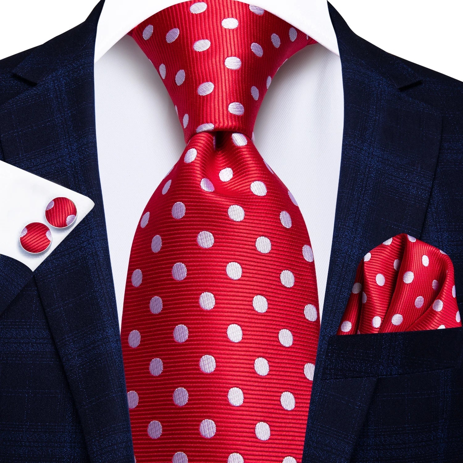 Bright Red Polka Dot Silk Tie - With Matching Cufflinks & Pocket Square