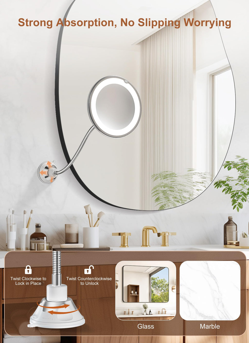 Brightown 10x Magnifying Mirror with Light — Cordless Gooseneck Makeup Mirror (Silver)
