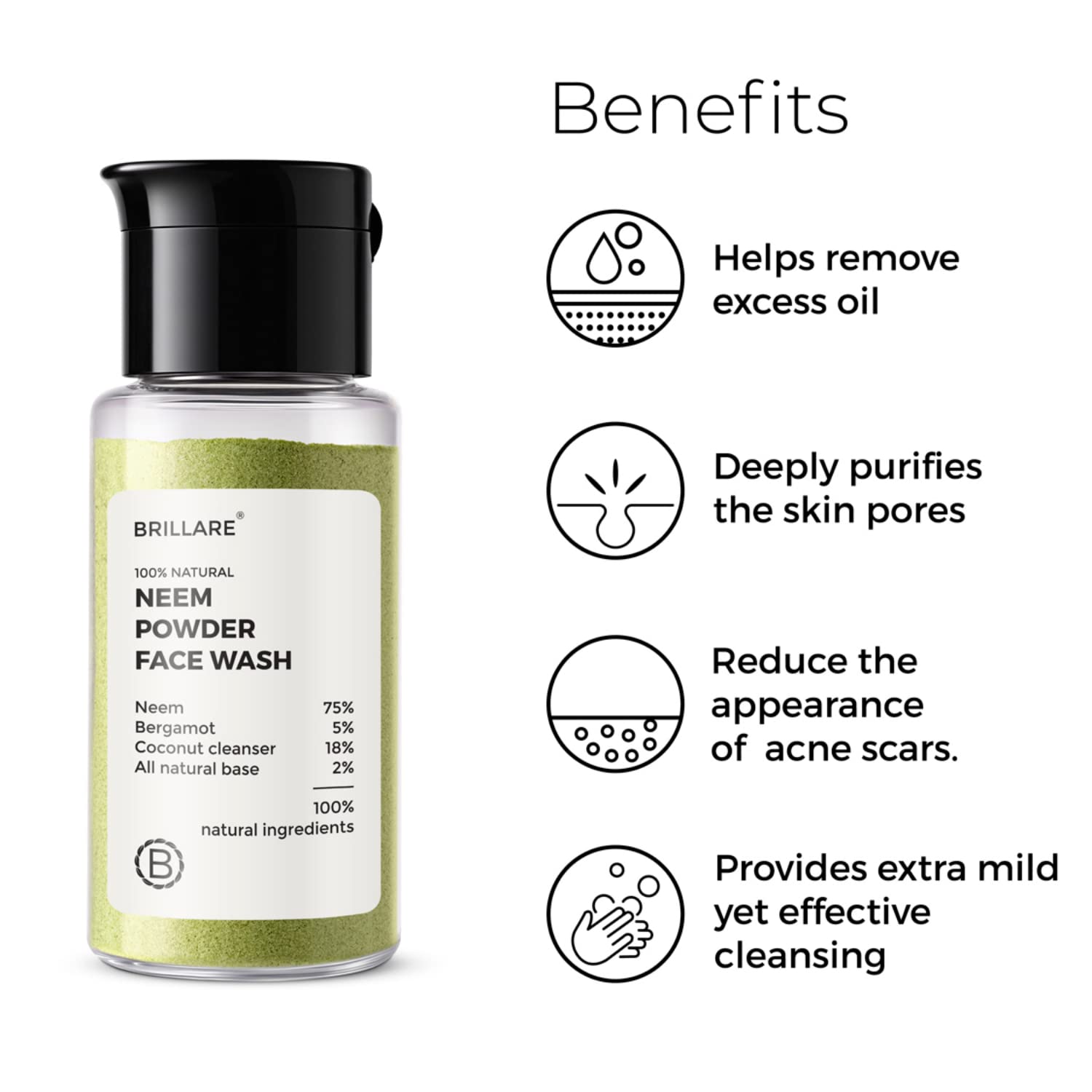 BRILLARE Real Neem Powder Facial Cleanser – Oil Control Face Wash, 15g | Vegan & Sulfate-Free