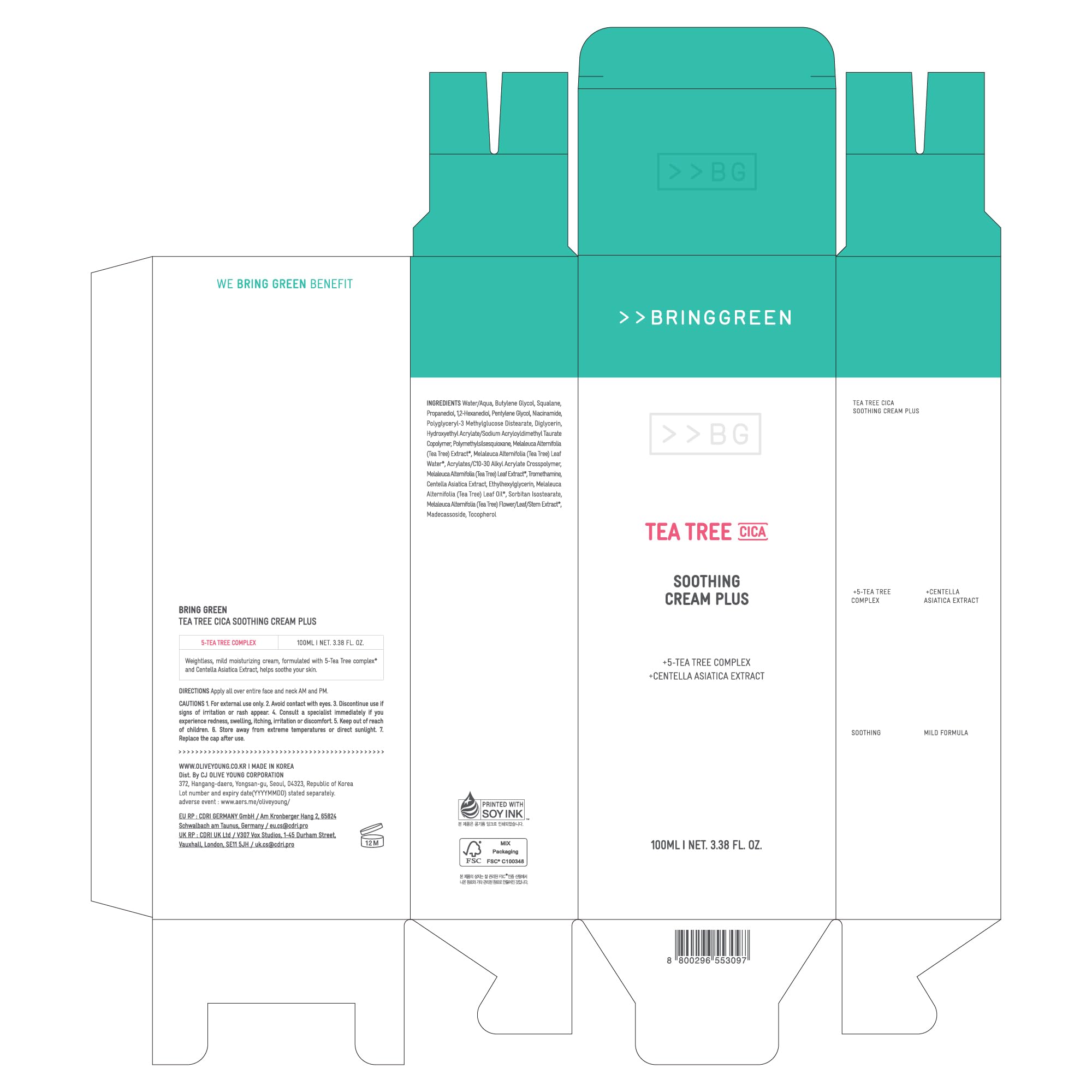 BRING GREEN Tea Tree Cica Soothing Cream Plus 100ml – Pack of 2