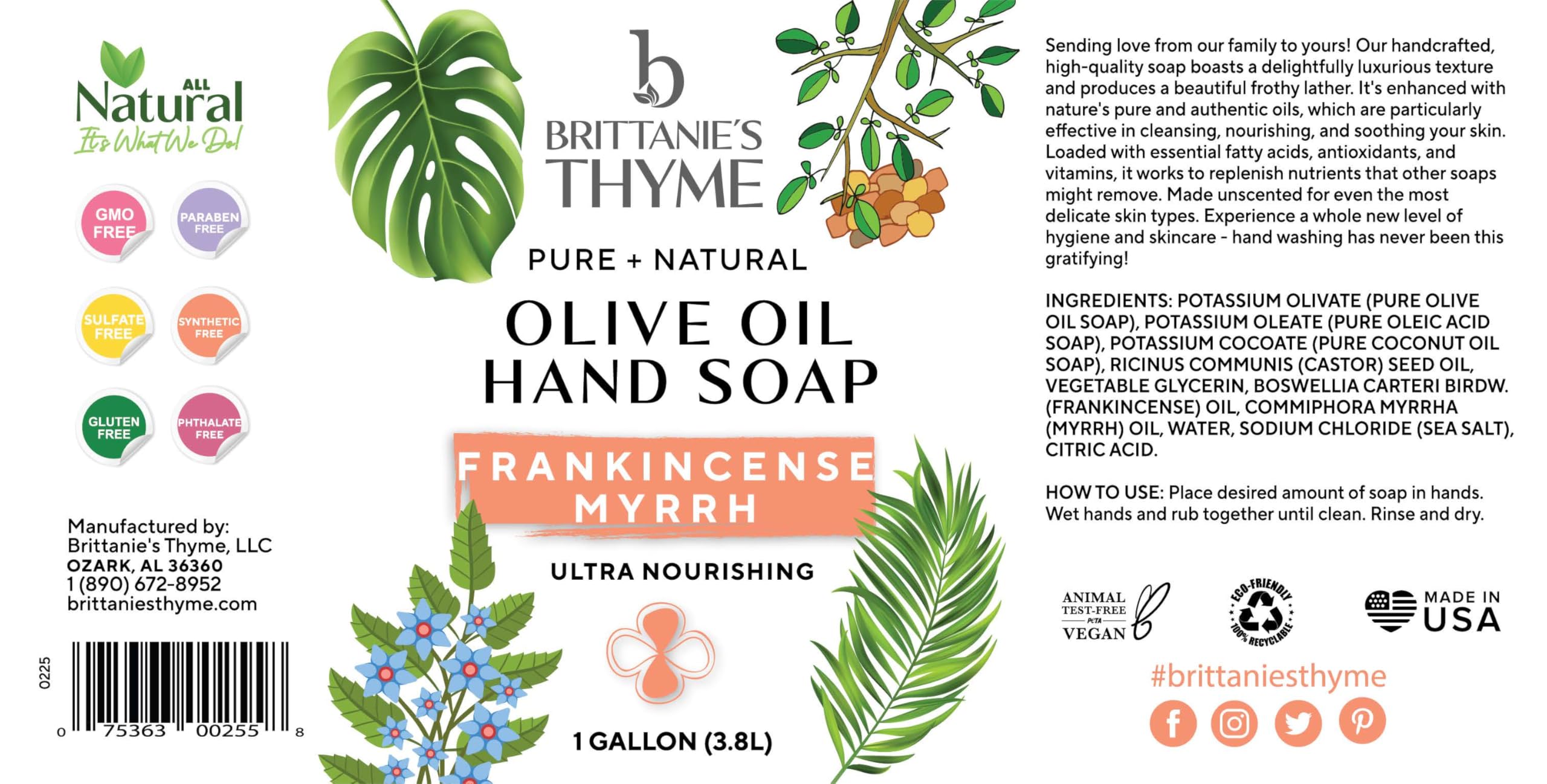 Brittanie's Thyme Pure Organic Castile Soap Refill with Frankincense — 1 Gallon | Vegan, Gluten-Free, Non-GMO