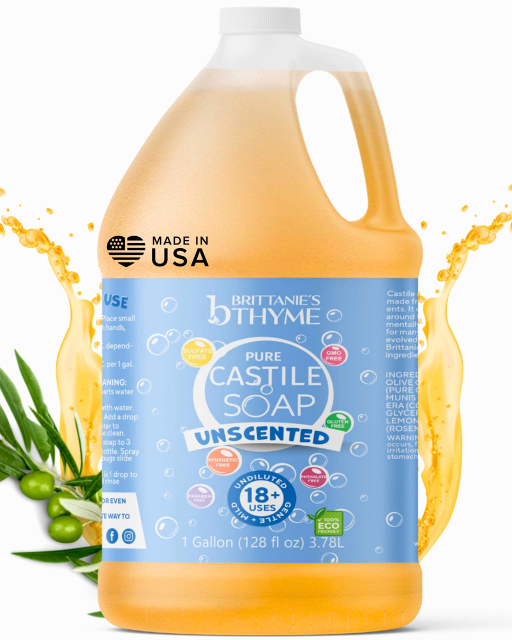 Brittanie's Thyme Castile Soap Refill – Unscented Olive Oil, 1 Gallon, All-Purpose Cleanser, USA Made