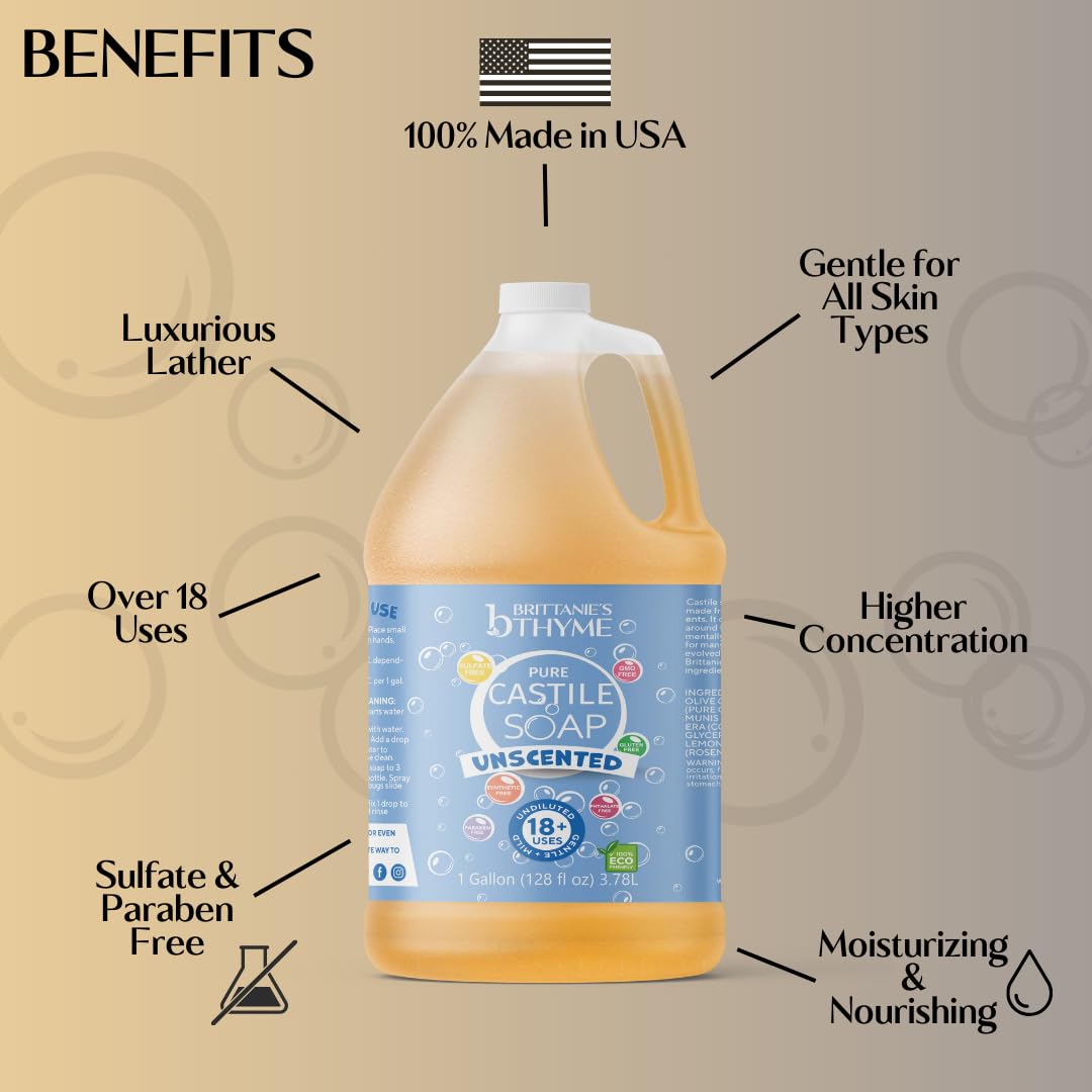 Brittanie's Thyme Castile Soap Refill – Unscented Olive Oil, 1 Gallon, All-Purpose Cleanser, USA Made