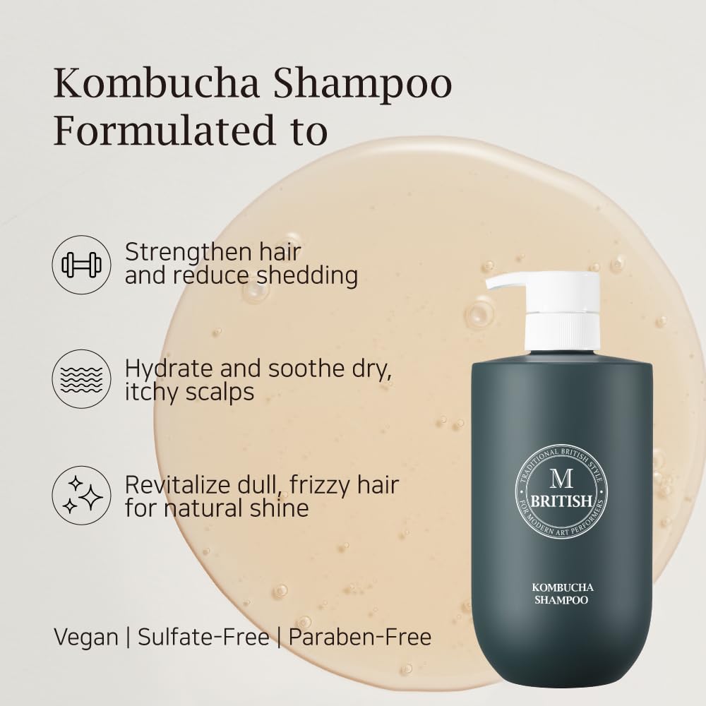 BRITISH M Kombucha Shampoo – 10.15 fl oz | Scalp Detox, Hydration & Strength, Vegan, Sulfate & Paraben Free