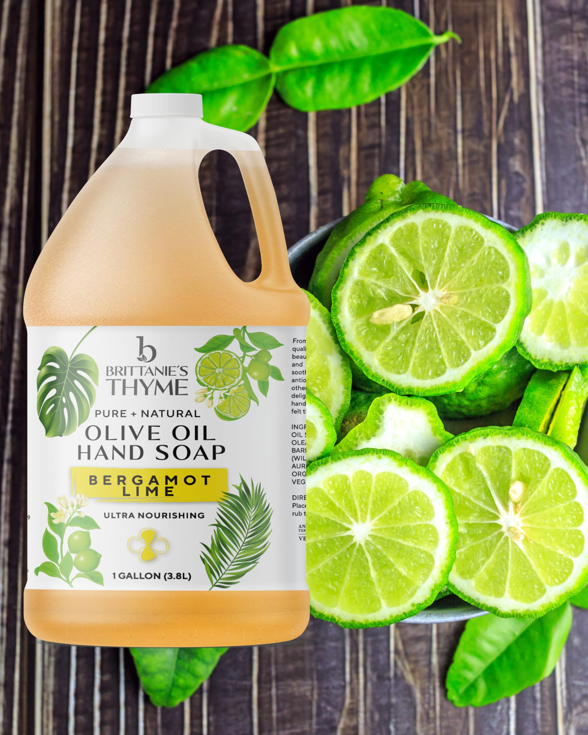 Brittanie's Bergamot Lime Pure Castile Olive Oil Liquid Soap – 1 Gallon, Vegan, Sulfate-Free, Multi-Purpose