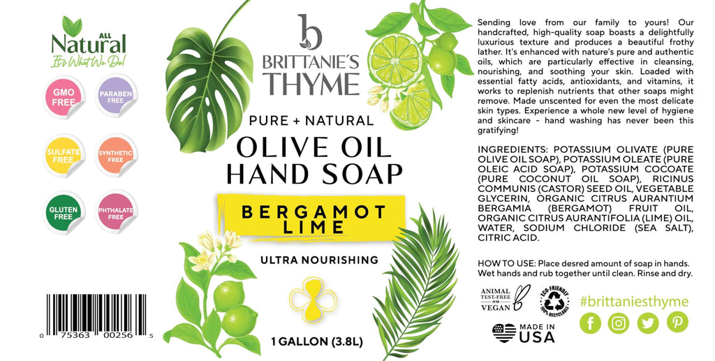 Brittanie's Bergamot Lime Pure Castile Olive Oil Liquid Soap – 1 Gallon, Vegan, Sulfate-Free, Multi-Purpose
