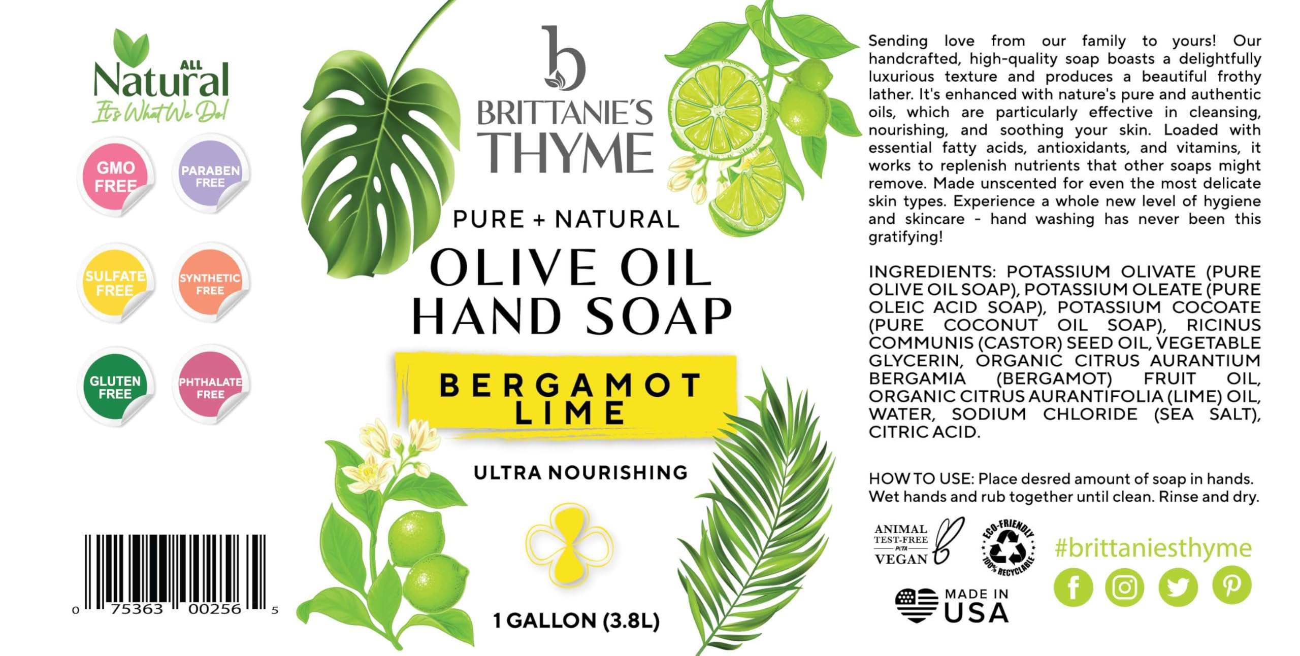 Brittanie's Bergamot Lime Pure Castile Olive Oil Liquid Soap – 1 Gallon, Vegan, Sulfate-Free, Multi-Purpose