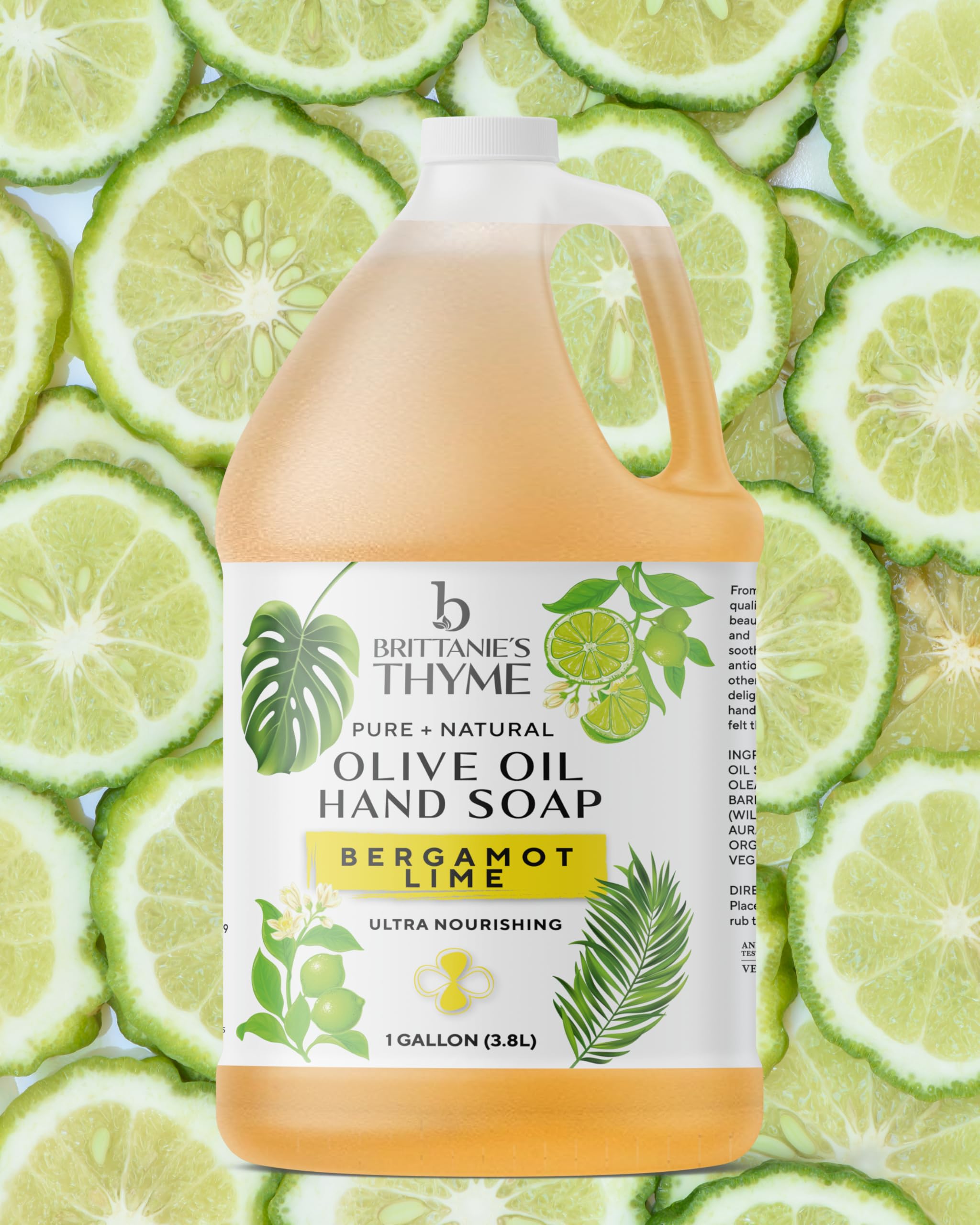 Brittanie's Bergamot Lime Pure Castile Olive Oil Liquid Soap – 1 Gallon, Vegan, Sulfate-Free, Multi-Purpose