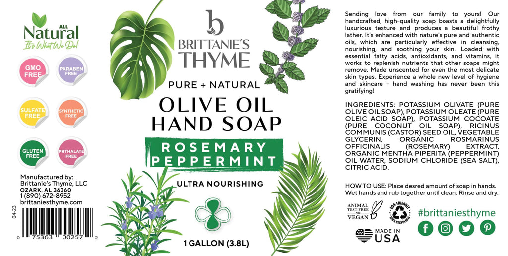 Brittanie's Pure Organic Castile Soap Refill – Rosemary Peppermint, 1 Gallon | Vegan, Gluten Free