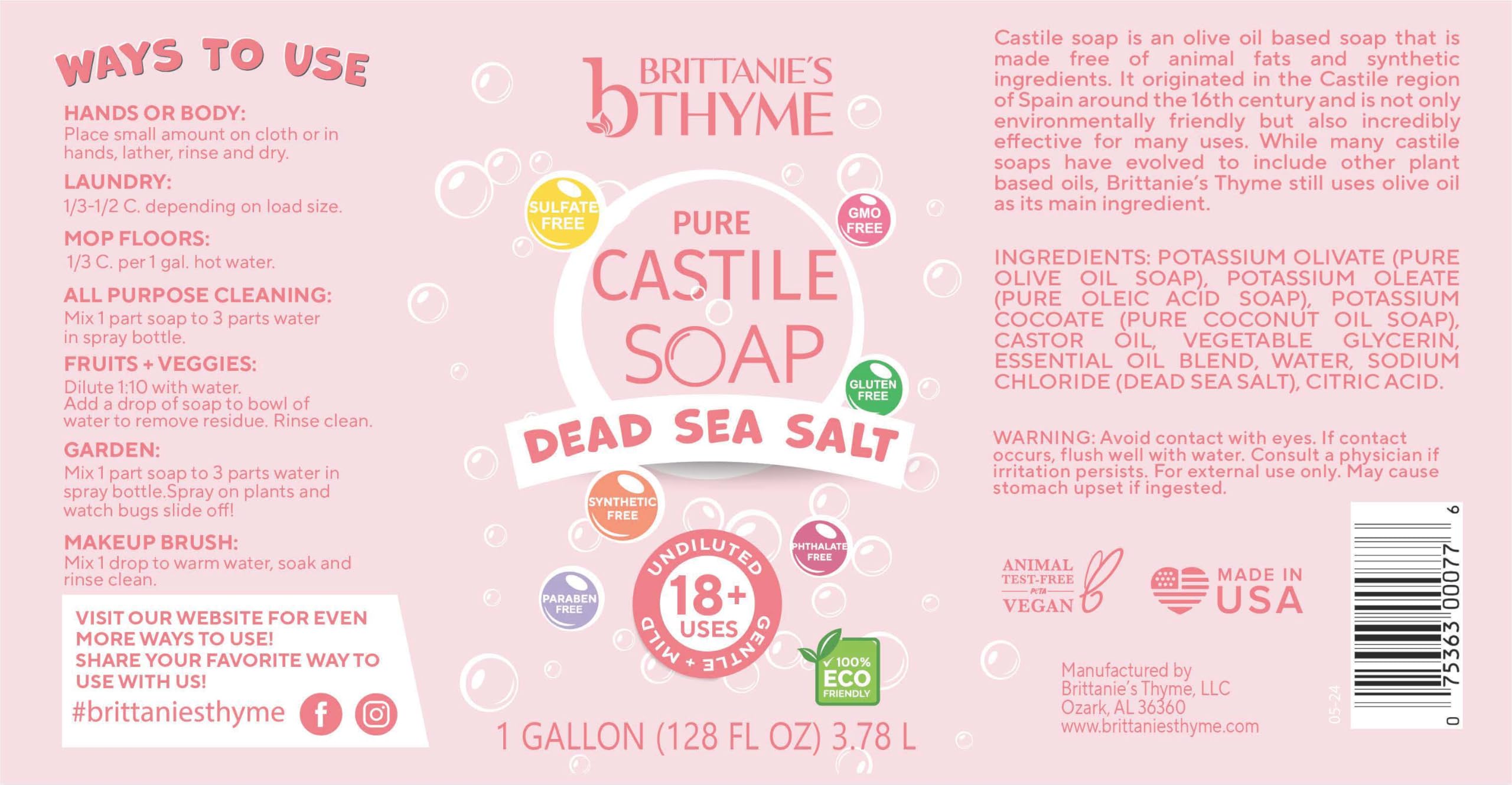 Brittanie's Thyme Pure Organic Castile Soap Refill with Dead Sea Salt – 1 Gallon, Vegan, Gluten Free, Non-GMO