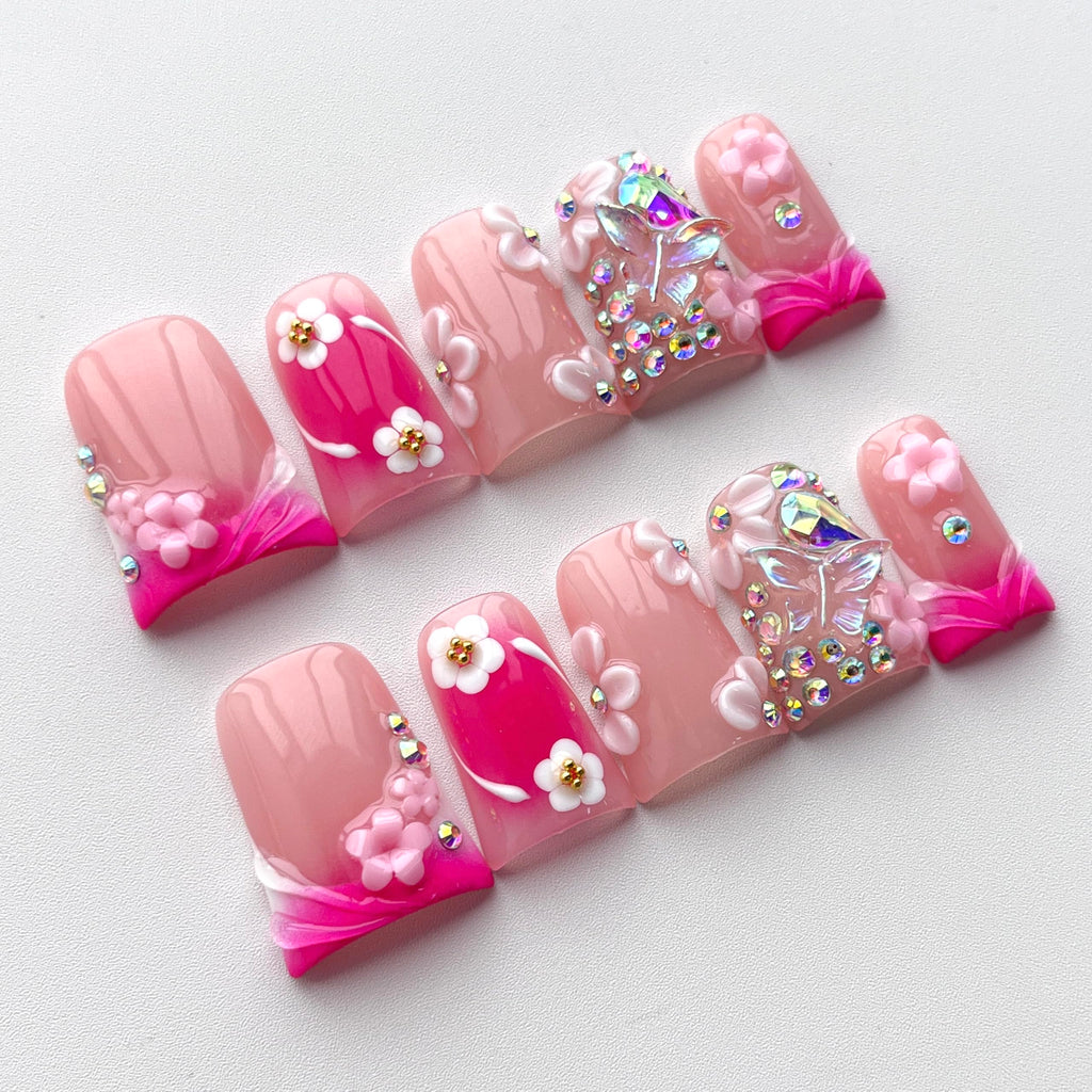 BRKYKGK Pink Duck Press-On Nails – Short French Tip 3D Floral with Butterfly Rhinestones (10 Pcs, M)