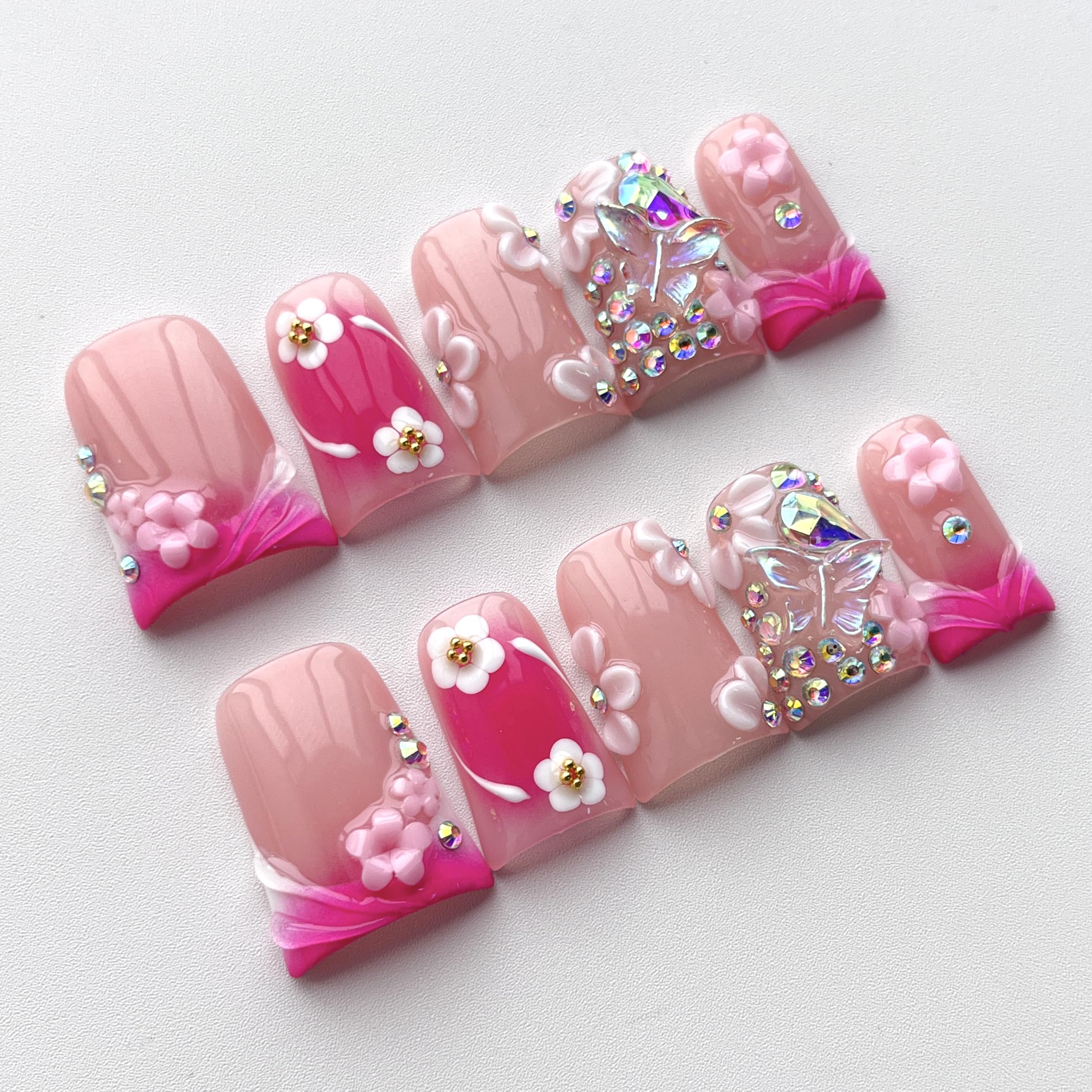 BRKYKGK Pink Duck Press-On Nails – Short French Tip 3D Floral with Butterfly Rhinestones (10 Pcs, M)
