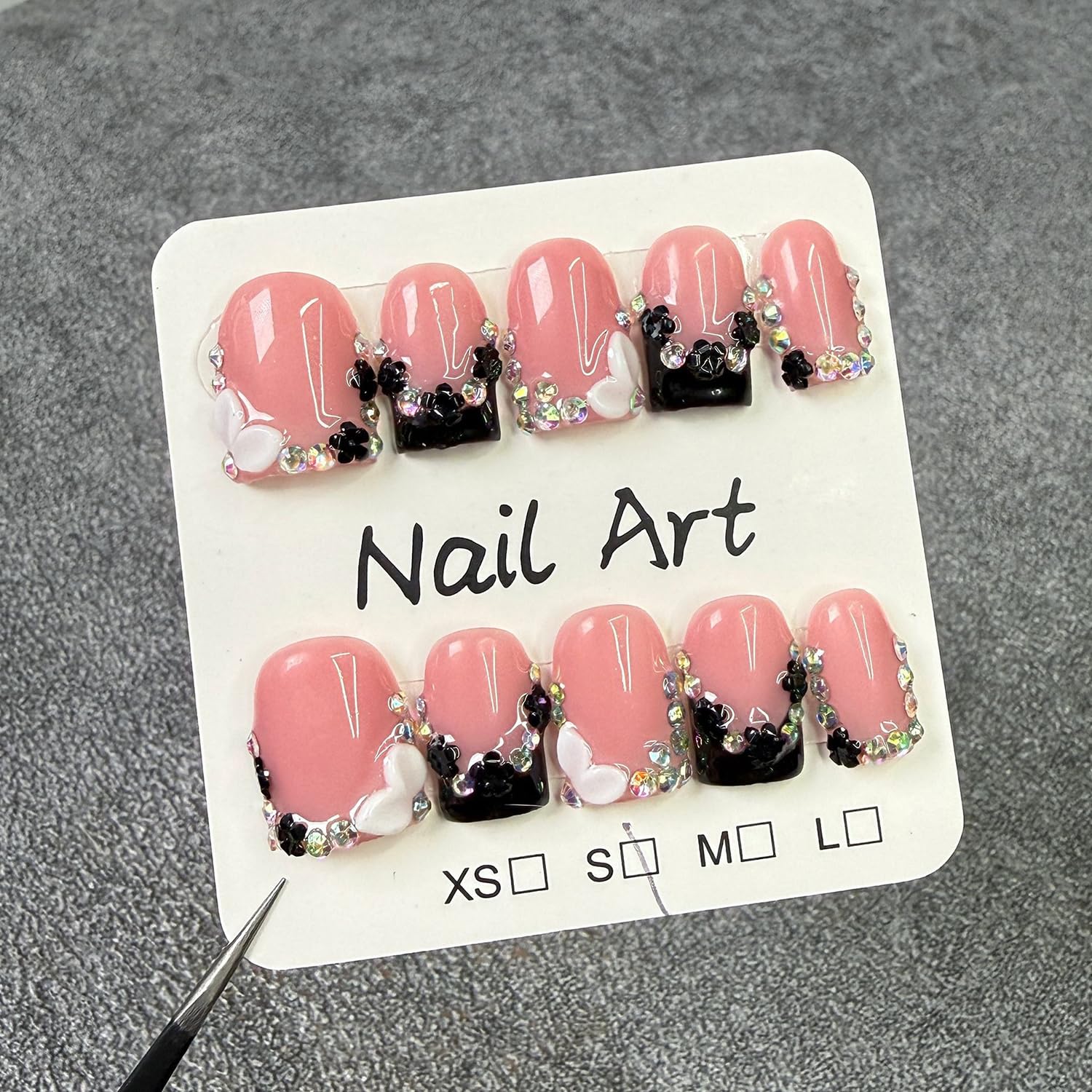 BRKYKGK Black French Tip Press-On Nails – Short Square 3D Floral Design, 10 Pcs (Size S)