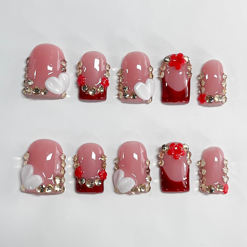 BRKYKGK French Tip Press-On Nails – Handmade Short Square 3D Acrylic Nails with Flower Rhinestones (10 Pcs, S)