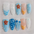 BRKYKGK 3D Handmade Almond Press On Nails – Medium Length, French Tip, Blue with Jellyfish Pearls