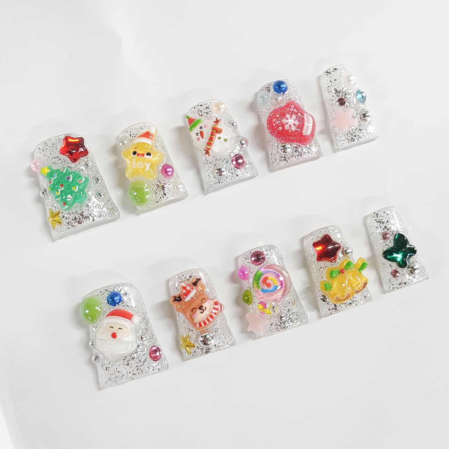 BRKYKGK Christmas Press-On Nails – Short Duck 3D Acrylic Glitter, Christmas Tree & Santa, 10Pcs (S)