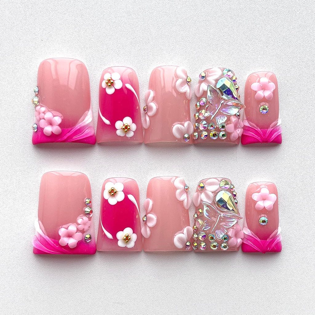 BRKYKGK Pink Duck Press-On Nails – Short French Tip 3D Floral with Butterfly Rhinestones (10 Pcs, M)