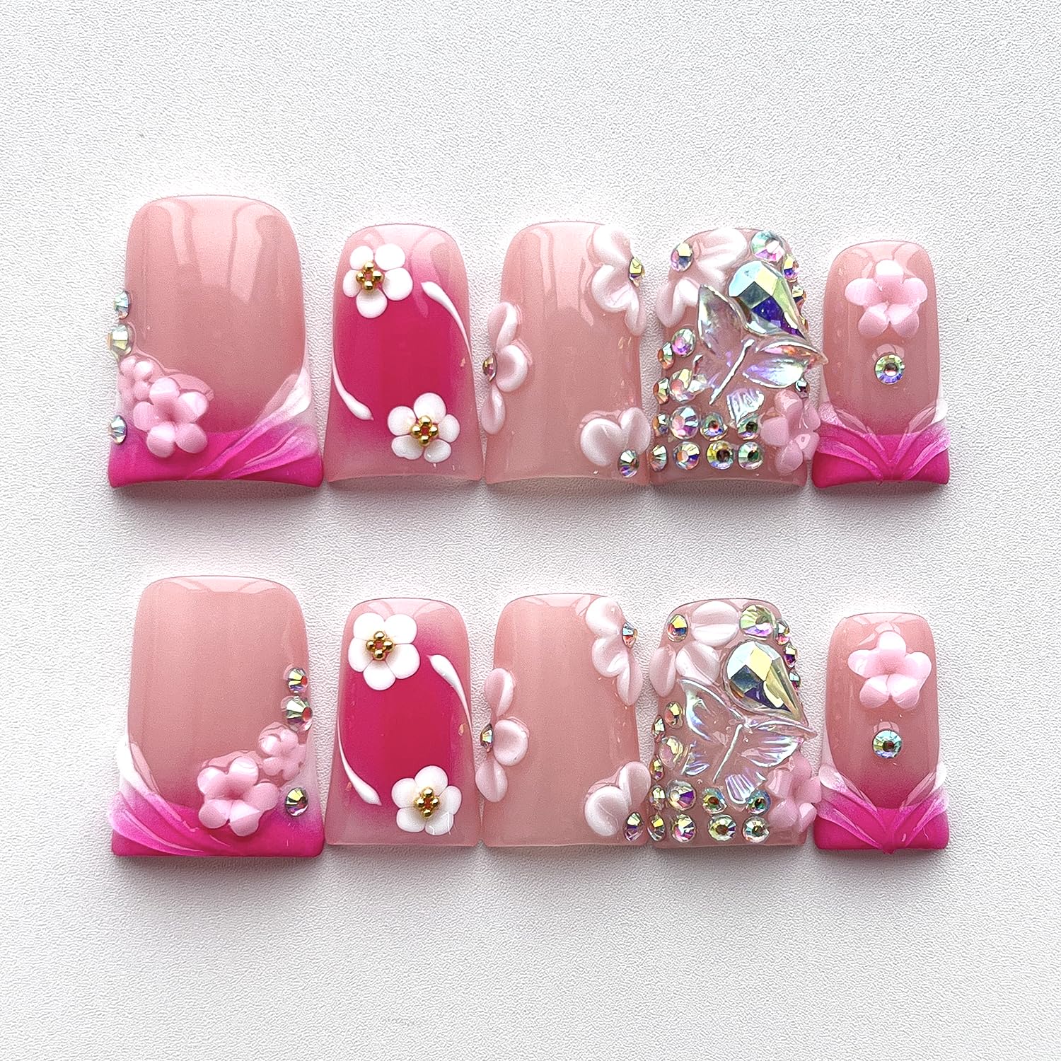 BRKYKGK Pink Duck Press-On Nails – Short French Tip 3D Floral with Butterfly Rhinestones (10 Pcs, M)
