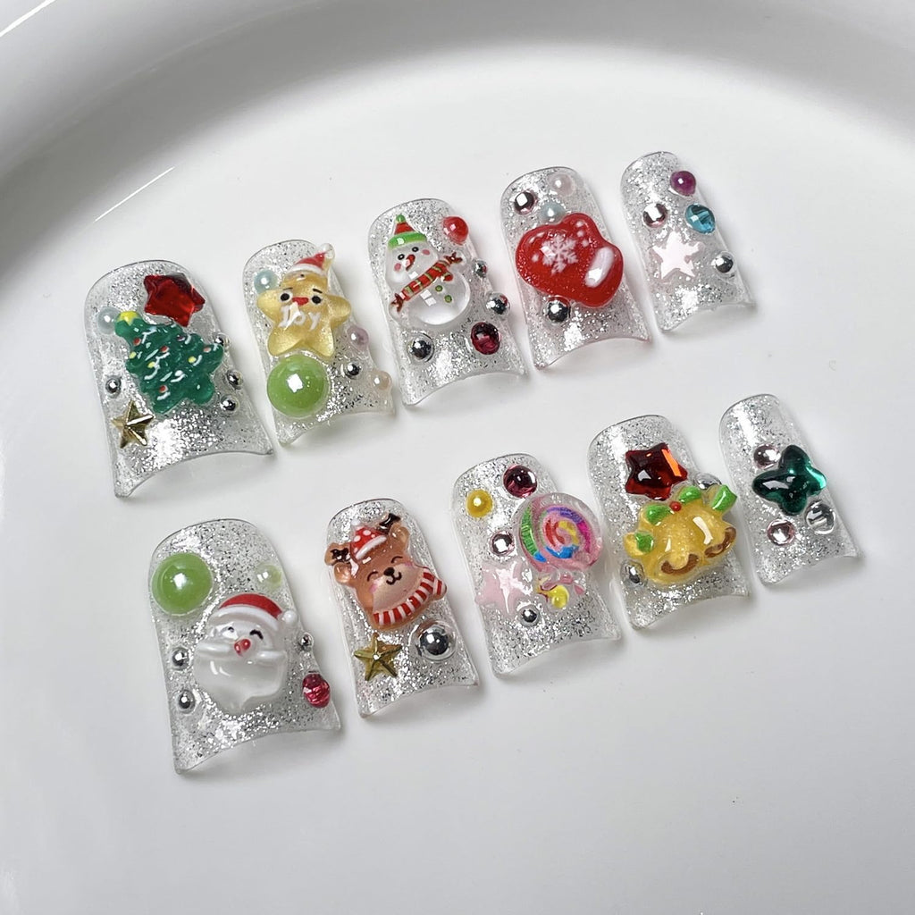 BRKYKGK Christmas Press-On Nails – Short Duck 3D Acrylic Glitter, Christmas Tree & Santa, 10Pcs (S)
