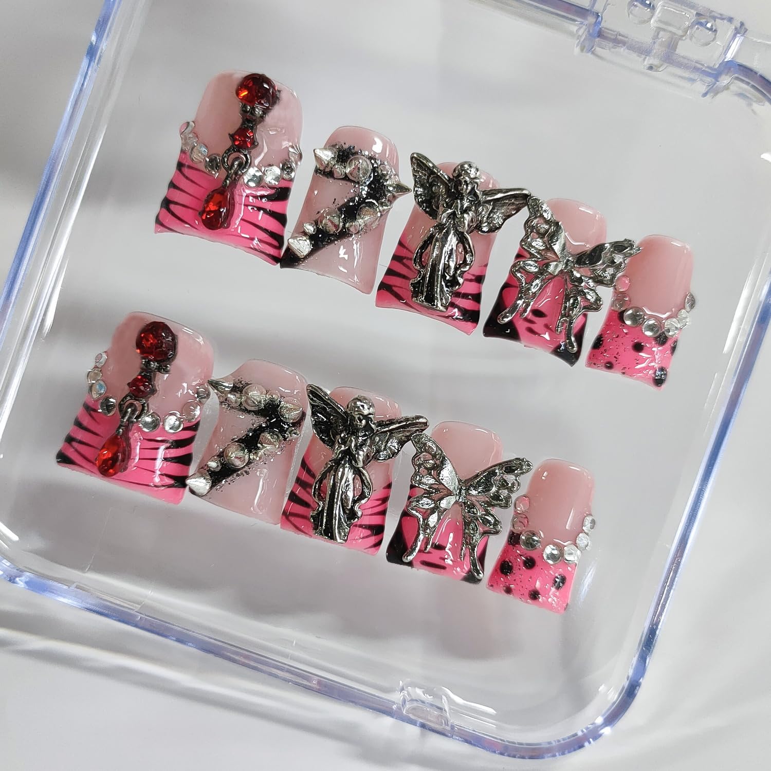 BRKYKGK Handmade Short Duck Press-On Nails | 3D Gothic Acrylic Nails with Pink French Tip, Spikes & Rhinestones