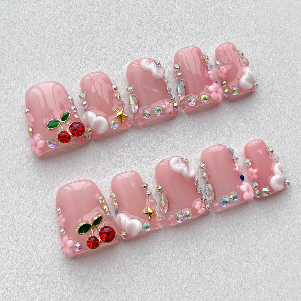 BRKYKGK Handmade Press on Nails – Short Duck French Tip Nude Pink, 3D Floral with Cherry Rhinestones (10 Pcs)