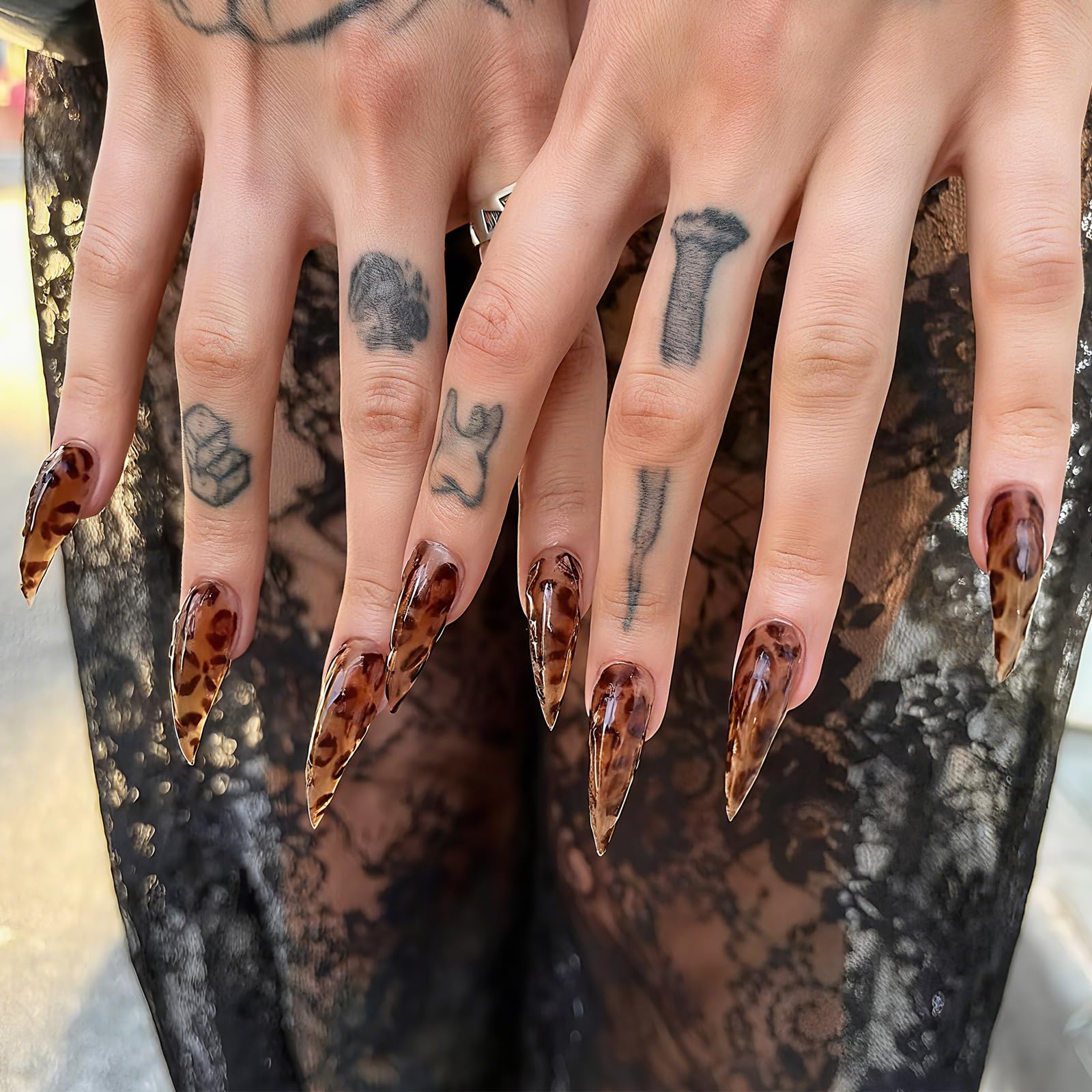 BRKYKGK Handmade Press on Nails – Medium Stiletto Brown Leopard & Eagle Claw Kit (10 Pcs)