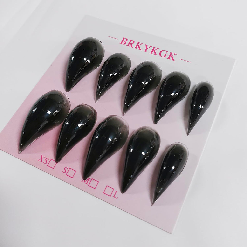 BRKYKGK Eagle Claw Press-On Nails – Medium Stiletto, Glossy Black Cat Claw (10 Pcs)