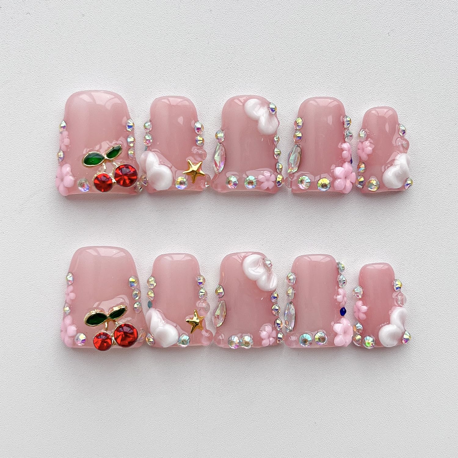 BRKYKGK Handmade Press on Nails – Short Duck French Tip, 3D Floral with Cherry Rhinestones (10 Pcs)