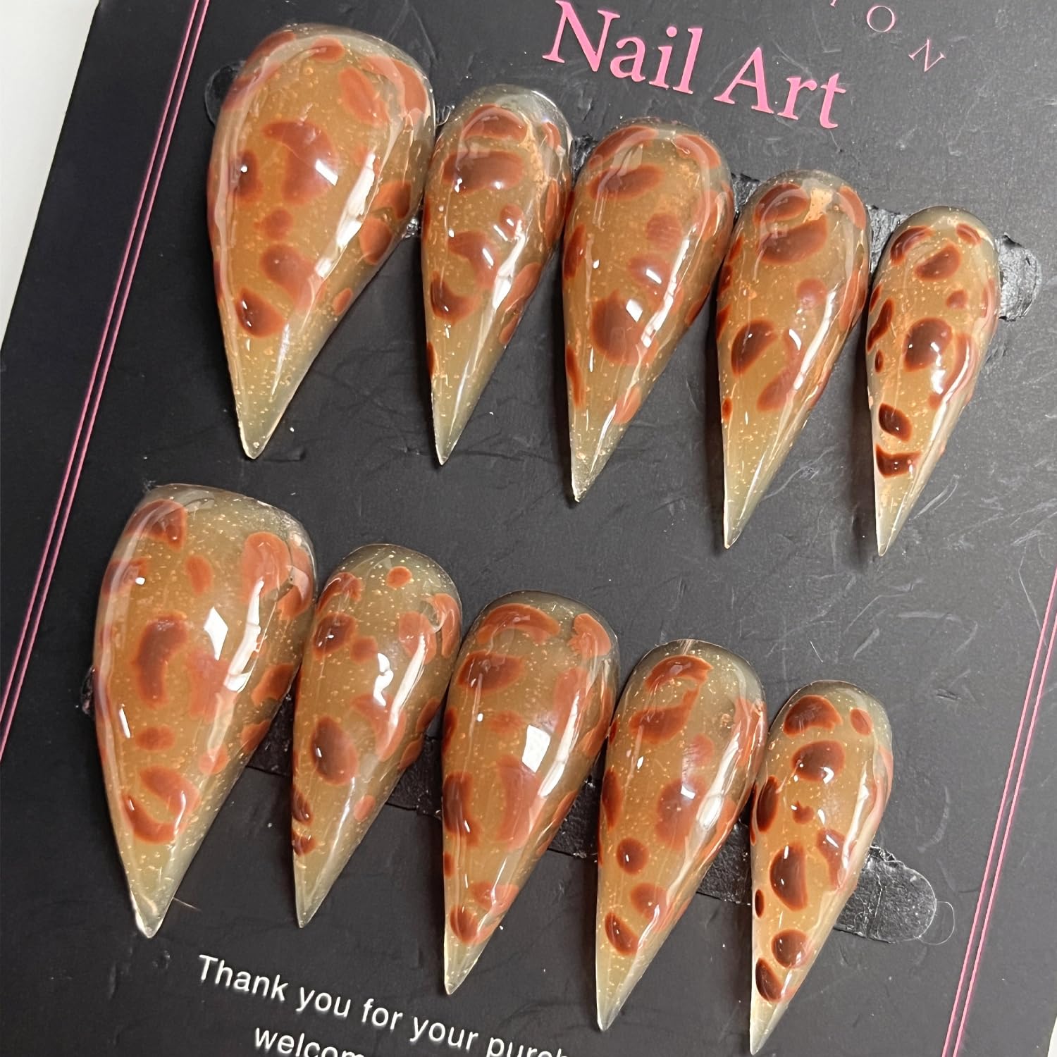 BRKYKGK Handmade Press on Nails – Medium Stiletto Brown Leopard & Eagle Claw Kit (10 Pcs)
