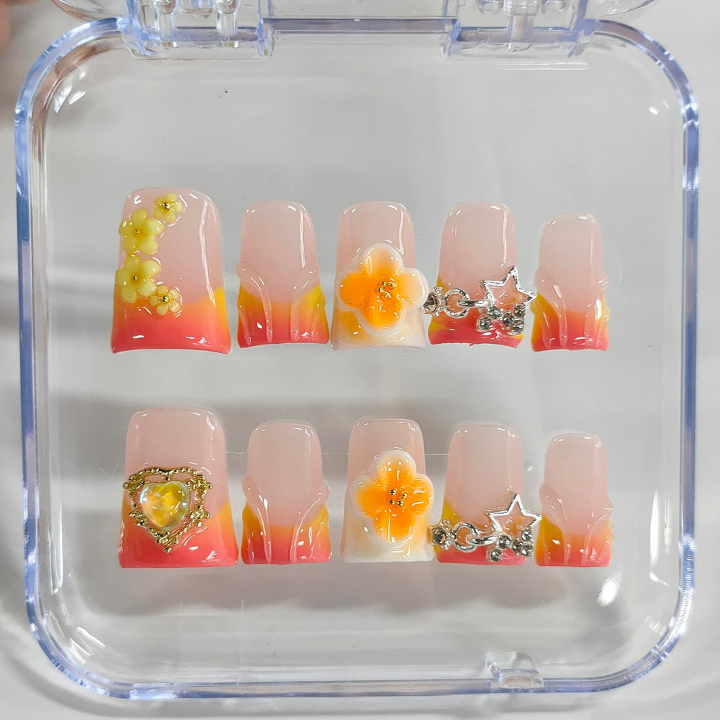 BRKYKGK Handmade Press-On Nails – Short Duck 3D Floral French Tip, Thick Orange Acrylic, 10 Pcs