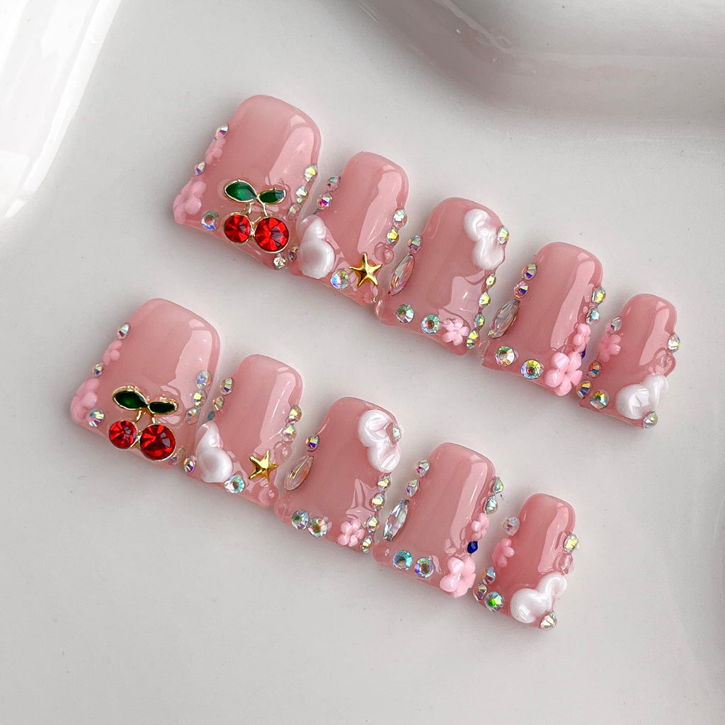 BRKYKGK Handmade Press on Nails – Short Duck French Tip Nude Pink, 3D Floral with Cherry Rhinestones (10 Pcs)