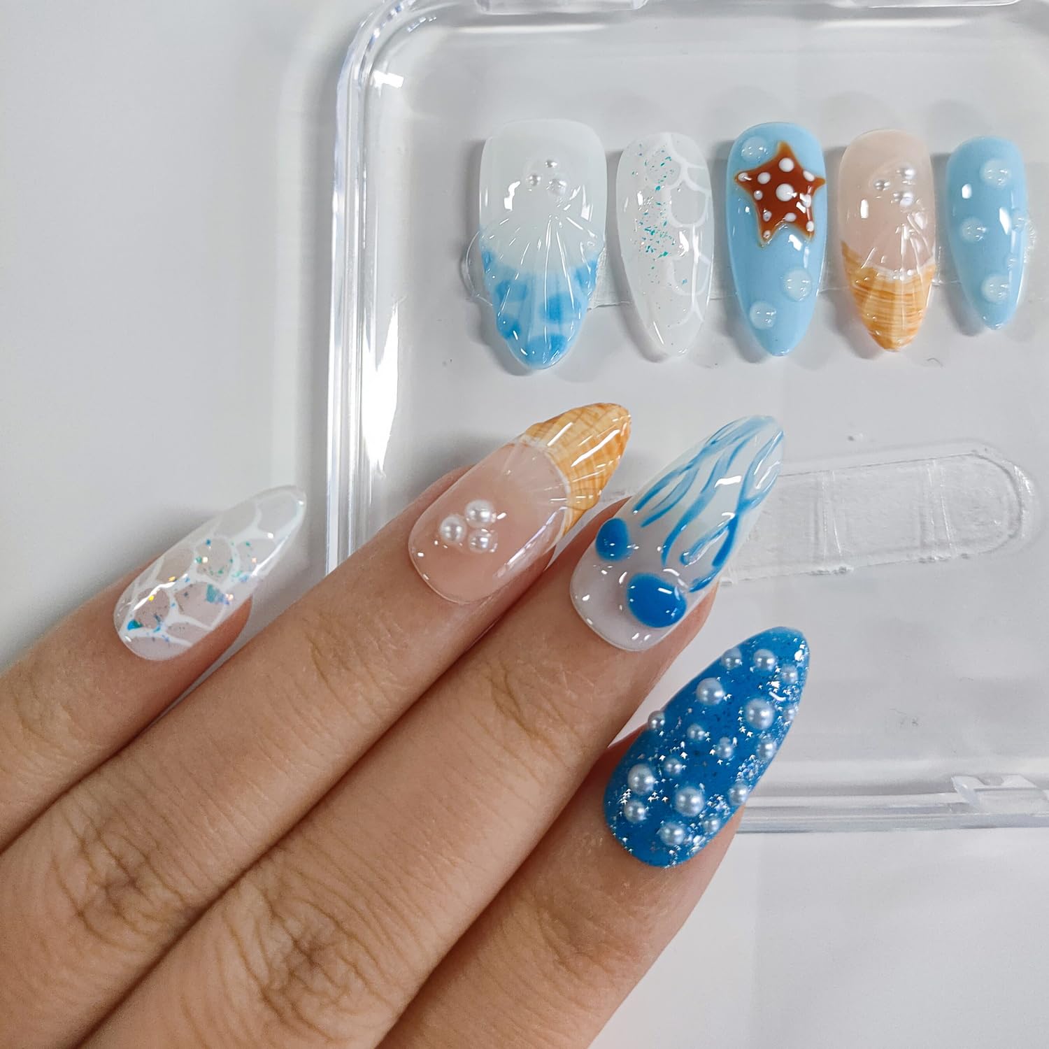 BRKYKGK 3D Handmade Almond Press On Nails – Medium Length, French Tip, Blue with Jellyfish Pearls