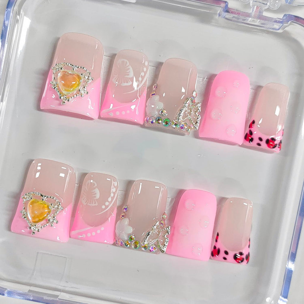 BRKYKGK Handmade Press On Nails – Short Duck 3D Floral French Tip with Hibiscus Rhinestones (10 Pcs)