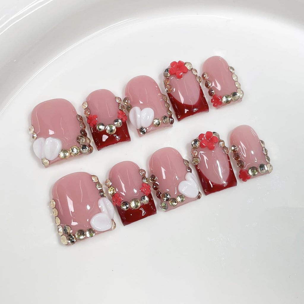 BRKYKGK French Tip Press-On Nails – Handmade Short Square 3D Acrylic Nails with Flower Rhinestones (10 Pcs, S)