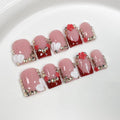 BRKYKGK French Tip Press-On Nails – Handmade Short Square 3D Acrylic Nails with Flower Rhinestones (10 Pcs, S)
