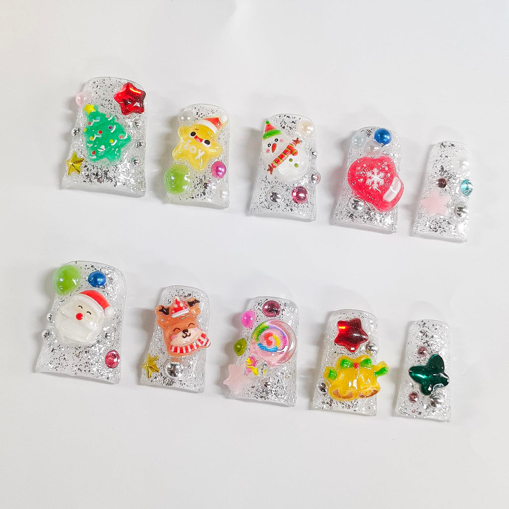 BRKYKGK Christmas Press-On Nails – Short Duck 3D Acrylic Glitter, Christmas Tree & Santa, 10Pcs (S)